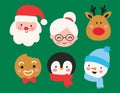 Cute Christmas Santa Claus, Mrs. Claus, Snowman, Reindeer, Gingerbread Man, and Penguin Vector Illustration. Royalty Free Stock Photo