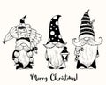 Cute christmas scandinavian gnomes. New year gnome Santa with christmas tree, lantern and caramel stick. Vector