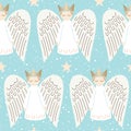 Cute Christmas Scandinavian Style Angels and Stars on Aqua Background Vector Seamless Pattern