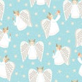 Cute Christmas Scandinavian Style Angels and Stars on Aqua Background Vector Seamless Pattern Royalty Free Stock Photo