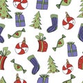 Cute Christmas seamless pattern in cartoon style. Sock, gifts, Christmas tree, toy in the form of a candy. Christmas print on a