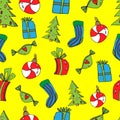 Cute Christmas seamless pattern in cartoon style. Sock, gifts, Christmas tree, toy in the form of a candy. Christmas print on a