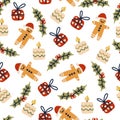 Cute Christmas seamless pattern with gift, candle, holly and gingerbread man, cartoon character background Royalty Free Stock Photo