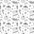 Cute Christmas seamless pattern with New Year`s gifts, Christmas balls, twigs, garlands, stars and festive confetti