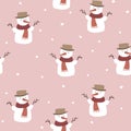 Cute Christmas seamless pattern with snowmen and falling snowflakes. Hand drawn kids nordic design. Winter vector
