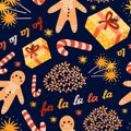 Cute Christmas seamless pattern with vector hand drawn holiday illustrations of wrapped gift box, lights, sparkles, gingerbread Royalty Free Stock Photo