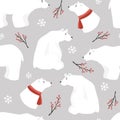 Cute Christmas seamless pattern white polar bears,red scarfs, holly berries and falling snowflakes.Hand drawn kids Royalty Free Stock Photo