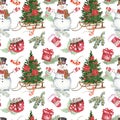 Cute watercolor Christmas seamless pattern with watercolor snowman, fir holiday tree, winter greenery on white background. Royalty Free Stock Photo