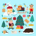 Cute Christmas set with bunny and cat. Vector illustration in cardboard flat style Royalty Free Stock Photo