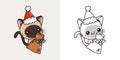 Cute Christmas Siamese Cat Clipart Illustration and Black and White. Funny Clip Art Christmas Mammal