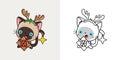 Cute Christmas Siamese Cat Clipart Illustration and Black and White. Funny Clip Art Christmas Mammal