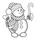 Cute Christmas Snowman Colouring Page. Vector Cute Snowman with Candy Stick