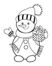 Cute Christmas Snowman Colouring Page. Vector Cute Snowman with Gift Box Royalty Free Stock Photo