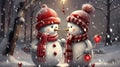 Cute Christmas snowman couple on a happy holiday card. Winter fun with snowy hats and scarves. December illustration.