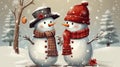 Cute Christmas snowman couple on a happy holiday card. Winter fun with snowy hats and scarves. December illustration.