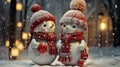 Cute Christmas snowman couple on a happy holiday card. Winter fun with snowy hats and scarves. December illustration.