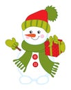 Cute Christmas Snowman Holding Gift Box. Vector Happy Xmas Snowman