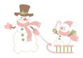 Cute Christmas Snowman Pulling Sleigh with Baby Snowman. Vector Christmas Family of Snowmen