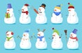 Cute Christmas snowman set vector flat illustration. Collection of childish winter character