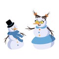 Cute Christmas snowman and snow woman with joyful emotions Royalty Free Stock Photo