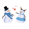 Cute Christmas snowman and snow woman with love emotions Royalty Free Stock Photo