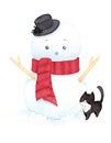 Cute christmas snowman wearing hat and scarf and cat on white background.