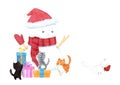 Cute christmas snowman wearing hat and scarf and cat on white background.