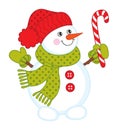 Cute Christmas Snowman Wearing Red Hat and Green Scarf Holding Candy Stick. Vector Xmas Snowman