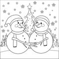 Cute Christmas snowmen. Black and white coloring page Royalty Free Stock Photo
