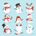 Cute christmas snowmen flat vector illustrations set