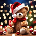 Cute Christmas teddy bear wearing a Santa hat. Merry Christmas. Royalty Free Stock Photo