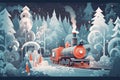 Cute Christmas train goes through fantastic winter forest Royalty Free Stock Photo