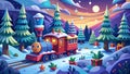 Cute christmas train goes through fantastic winter forest. Royalty Free Stock Photo