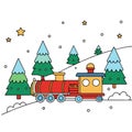 Cute christmas train goes through fantastic winter forest. Royalty Free Stock Photo