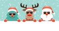 Christmas Tree Reindeer And Santa Claus Sunglasses Banner Snow Turquoise Royalty Free Stock Photo