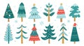 Cute Christmas trees. Cartoon funny firs with decorations. Xmas holiday garland and toys. New Year isolated symbols