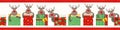 Cute Christmas vector border with red nosed reindeer and presents. Red stitch stripe edging. Seamless geometric pattern Royalty Free Stock Photo