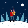 Cute Christmas vector illustration of a man with red hat and scarf is holding stack of presents, carrying to home or office