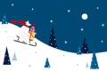 Cute Christmas vector illustration of a polar bear on the sleigh with red scarf is holding stack of presents, carrying to home