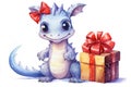 Cute Christmas Watercolor Dragon female with bow and gift box. Illustration with pastel colors isolated on white