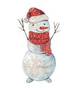 Cute Christmas watercolor Snowman in scarf and hat Royalty Free Stock Photo