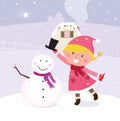 Cute christmas winter girl in making snowman