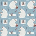 Cute Christmas winter vector seamless pattern with Polar white Bear, baby bear, Christmas branch, new Year's gifts