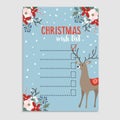 Cute Christmas wish list with deer, winter floral decoration and falling snow. Vector illustration background. Royalty Free Stock Photo