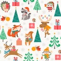Cute Christmas Woodland Pattern With Happy Cartoon Animals