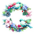 Cute Christmas wreath with blue birds - Christmas watercolor illustration. Royalty Free Stock Photo