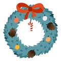 Cute Christmas wreath. Traditional decoration for Christmas eve and New Year. Holiday lush pine wreath with bow of red ribbon, Royalty Free Stock Photo