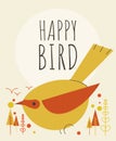 Cute bird with flowers and plants greeting card