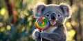 A Cute Chubby Koala Hugging a Rainbow-Colored Balloon for Joyful, Whimsical, and Nature-Themed Design Projects Royalty Free Stock Photo
