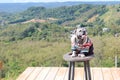 A cute chubby pug travels and sits in the mountain view sitting on a chair with comfort.